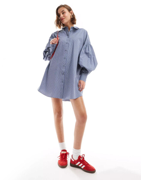 ASOS DESIGN boyfriend shirt mini dress with blouson sleeve in blue pinstripe