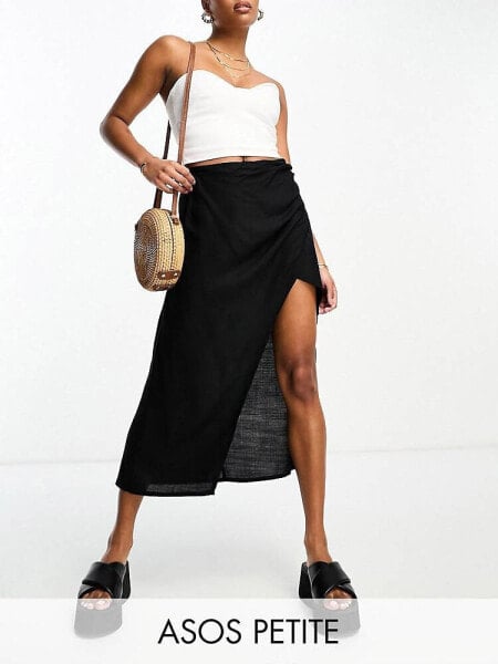 ASOS DESIGN Petite ruched side midi skirt in black