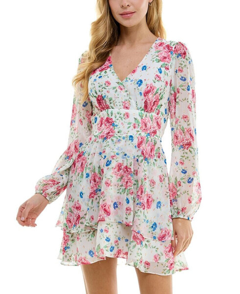 Juniors' Floral Surplice Fit & Flare Dress