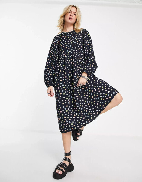 Vila long sleeve midi dress in navy print