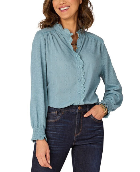 Petite Embroidered Scalloped-Trim Blouse