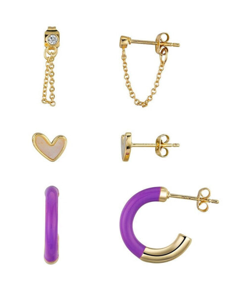 Mother of Pearl Inaly Heart Stud and Purple Enamel Hoop 6-Piece Earring Set