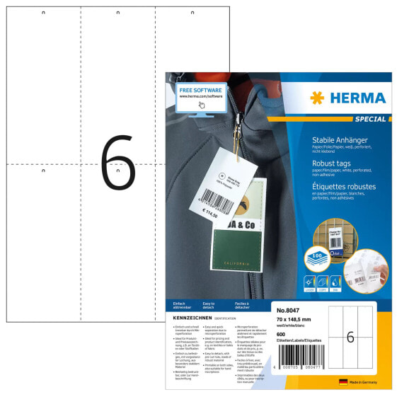 HERMA Robust tags A4 70x148,5 mm white paper/film/paper perforated non-adhesive 600 pcs. - White - Rectangle - Paper - Germany - Laser/Inkjet - 7 cm