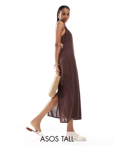 ASOS DESIGN Tall square neck tie back linen midi sundress in chocolate