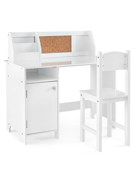 Wooden Kids Study Desk and Chair Set with Storage Cabinet and Bulletin Board