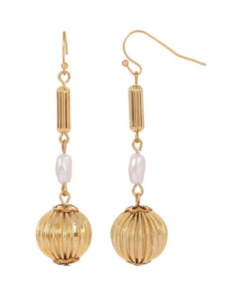 Women's Gold-Tone Round Fluted Bead with Rice Shaped White Imitation Pearl Earrings