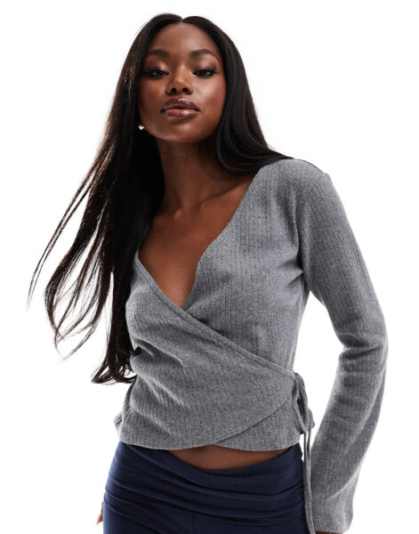 ASOS DESIGN brushed wrap cardigan top in light grey