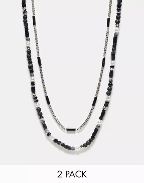 ASOS DESIGN 2 pack semi-precious beaded necklace in black tone