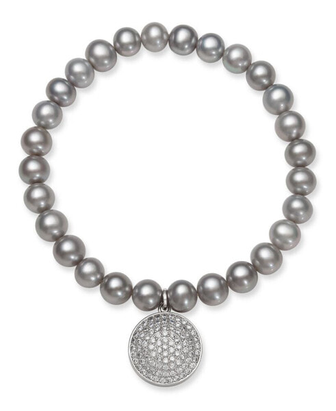 Gray Cultured Freshwater Pearl (7-8 mm) and Cubic Zirconia Stretch Bracelet with Charm in Sterling Silver