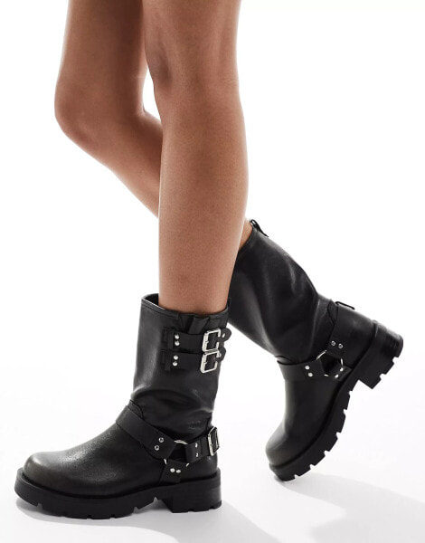 Glamorous Wide Fit harness biker boots in washed grey