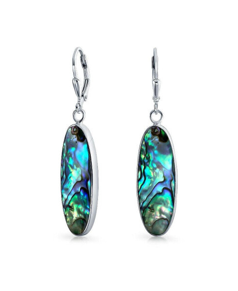 Geometric Iridescent Rainbow Natural Abalone Shell Natural Oval Long Dangle Earrings For Women Teen .925 Sterling Silver Lever Back