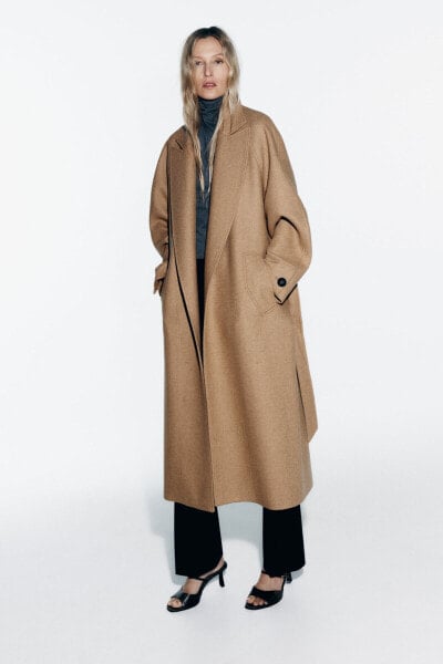 Длинное пальто из смесовой шерсти с поясом ZARA
