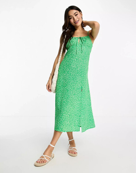 Monki strappy midi dress with split in green ditsy