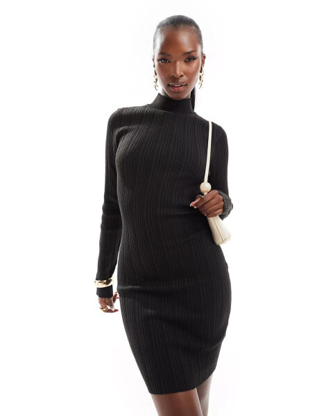 In The Style knitted high neck bodycon mini dress in black