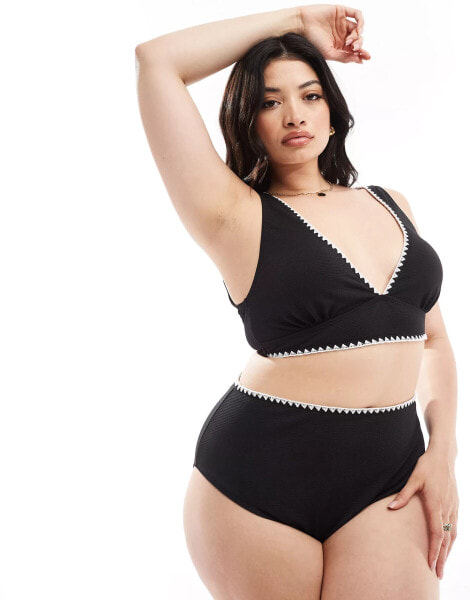 In The Style Plus contrast stitch bikini top co-ord in black