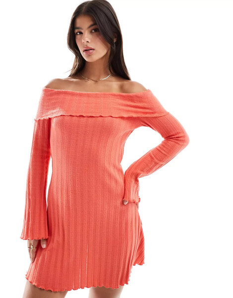 Pieces off the shoulder ribbed mini dress with lettuce edge detail in red