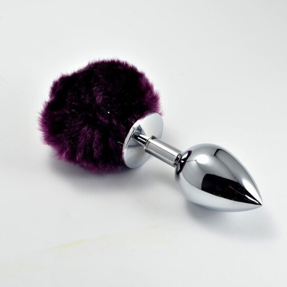 Анальная пробка с хвостом LOVETOY Metal Butt Plug с фиолетовым помпоном, размер L