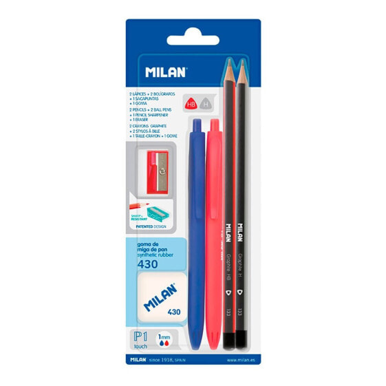 Ручки MILAN Blister 2 P1 голубая и красная + 2 грифеля Hb и Н + Ластик 430+Точилка