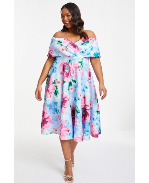 Women's Plus Size Scuba Floral Bardot Skater Midi Dress