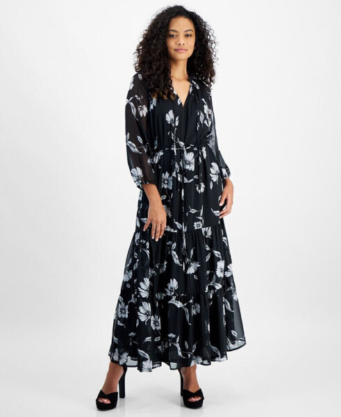 Petite Paisley-Print Tiered 3/4-Sleeve Maxi Dress