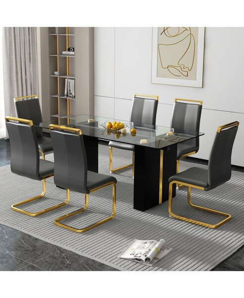 Стулья для кухни Simplie Fun, набор стола и стульев, большой современный минималистический прямоугольный стеклянный стол, вмещает 6-8 человек, с темперированным стеклянным столешницей и большими ножками из МДФ.