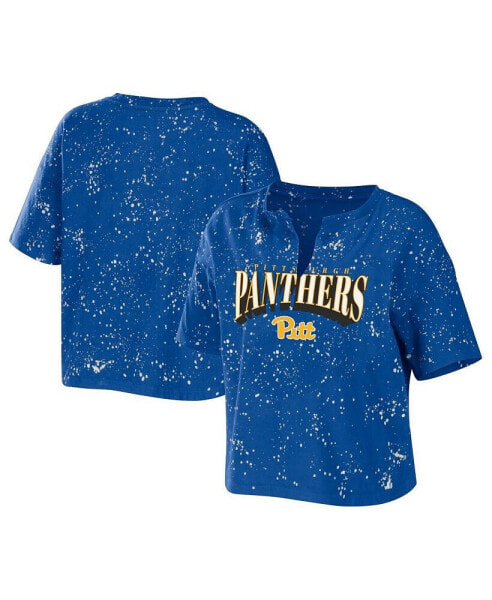 Women's Royal Pitt Panthers Bleach Wash Splatter Notch Neck T-shirt