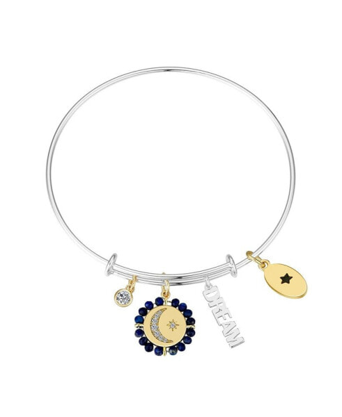 Cubic Zirconia Moon and Star Silver Plated "Dream" 14K Gold Plated Charm Bangle Bracelet