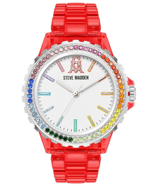 Women's Analog Transparent Red Plastic with Rainbow Crystal Bracelet Watch, 40mm