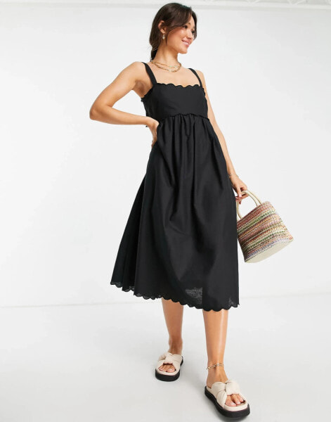 ASOS DESIGN scallop edge cut out back midi sundress black