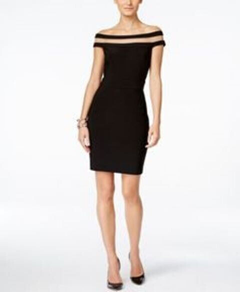 INC International Concepts Off the Shoulder Bodycon Mesh inset Dress Black 2