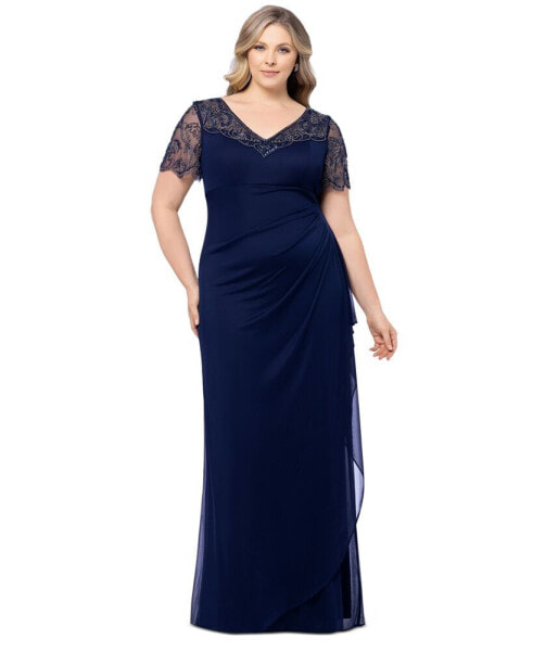 Plus Size Beaded Illusion-Sleeve V-Neck Gown