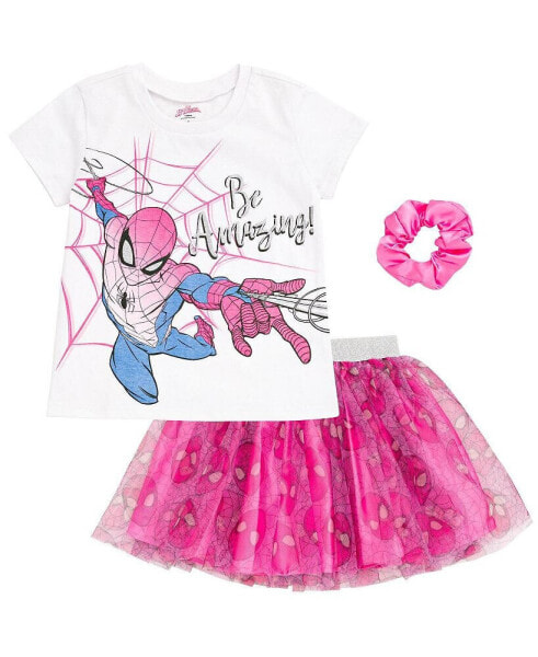 Spider-Man Girls T-Shirt Skirt and Scrunchie 3 Piece Outfit Set Toddler| Child