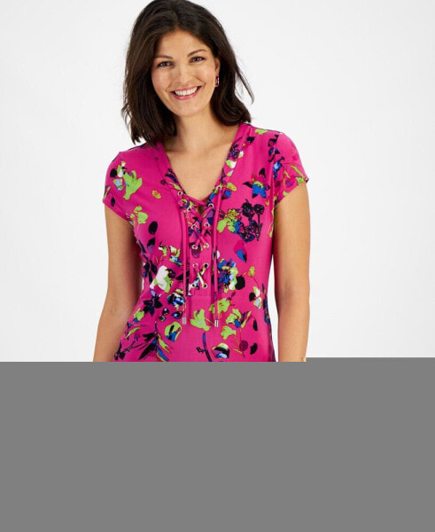 Women's Printed Lace-Up Front Top, Created for Macy's