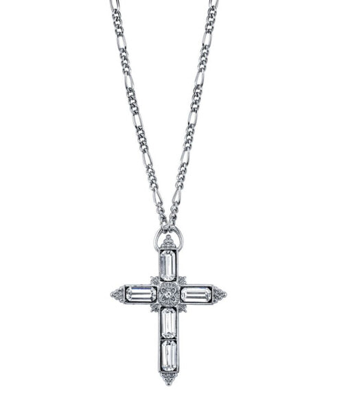 Silver Tone Large Crystal Cross Pendant Necklace 28"