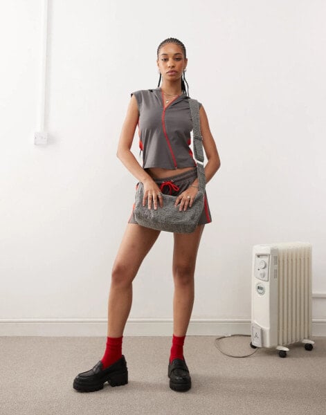 COLLUSION fitted asymmetric zip through hooded moto top with red panel co-ord in grey