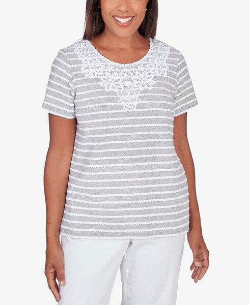 Petite Classic Neutrals Lace Neck Striped Split Hem T-shirt