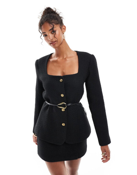 ASOS DESIGN boucle scoop neck belted blazer in black