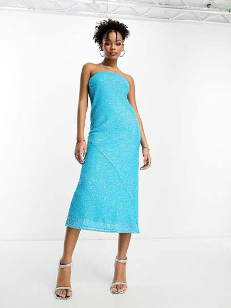 ASOS DESIGN embellished bandeau midi dress in allover sequin in turquoise