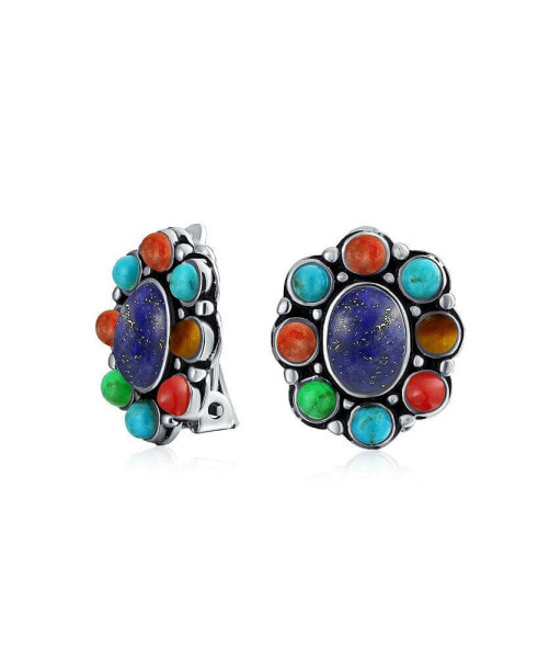 Southwestern Lapis Blue Turquoise Multicolor Cabochon Oval Large Gemstones Western Concho Clip On Earrings For Women Non Pierced Ears Sterling Silver