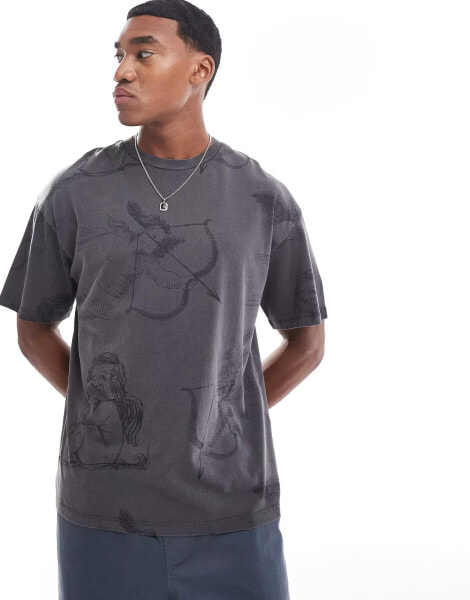 ADPT oversized t-shirt with all over angel print in grey acid wash