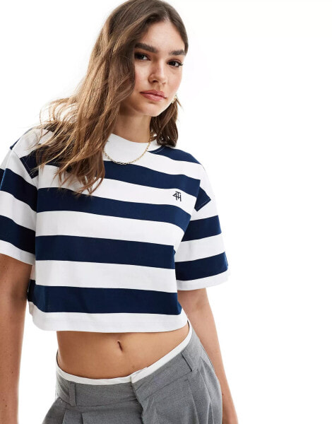 4th & Reckless cropped boxy logo embroidered t-shirt in white and navy stripe