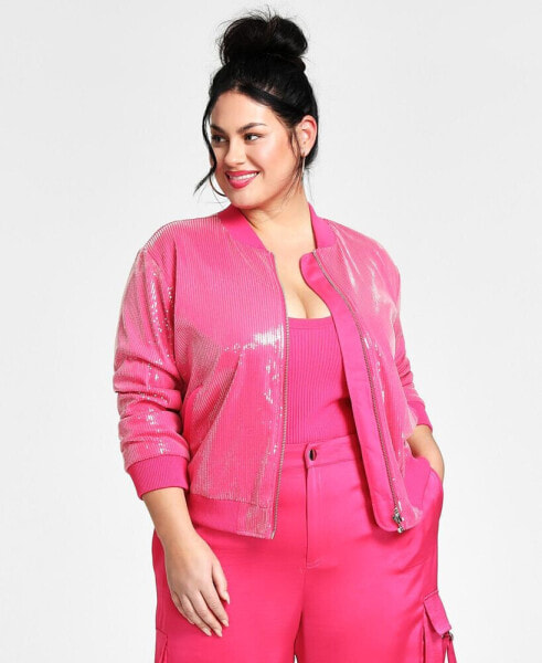 Trendy Plus Size Sequined Bomber Jacket