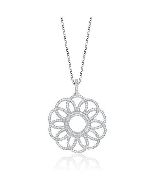 Sterling Silver White Gold Plated with Clear Cubic Zirconia Flower Pendant