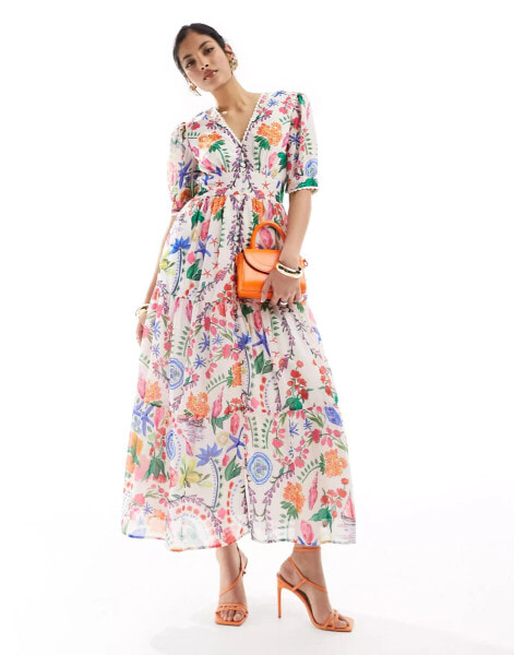 Hope & Ivy tea midi dress in bright patchwork print