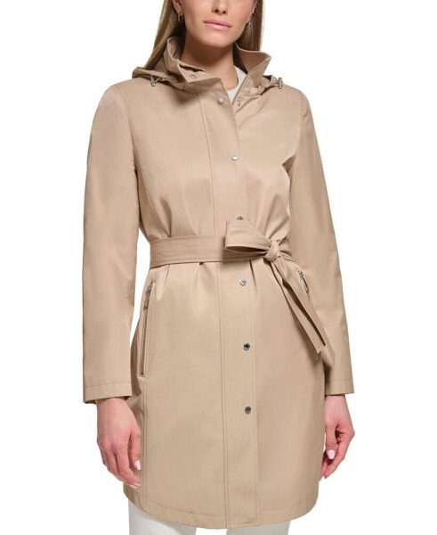 Women's Zip-Front Hooded Belted Raincoat