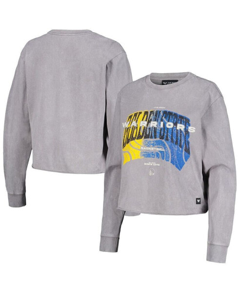 Women's Gray Distressed Golden State Warriors Band Cropped Long Sleeve T-shirt