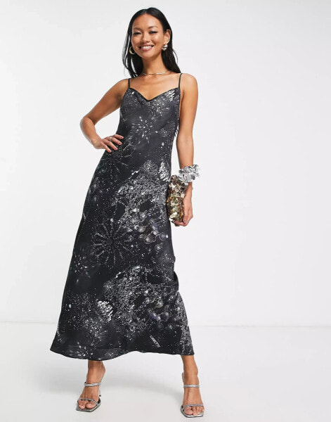 AllSaints Bryony Liza satin midi dress in black print