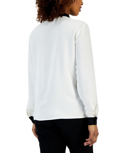 Women's Contrast-Trim Tie-Neck Long-Sleeve Blouse