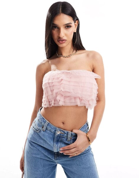 In The Style tulle bandeau crop top in blush