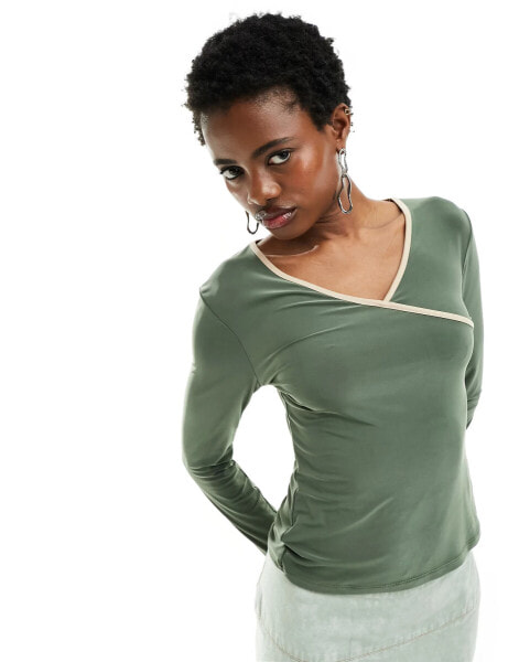 COLLUSION slinky wrap detail long sleeve top in khaki